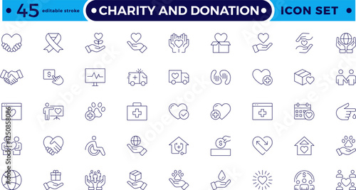 charity and donation icon set. Charity and Volunteering thin line style of philanthropic icons: almsgiving, helping those in need, donation, contribution, humanism, altruism. Editable stroke outline 
