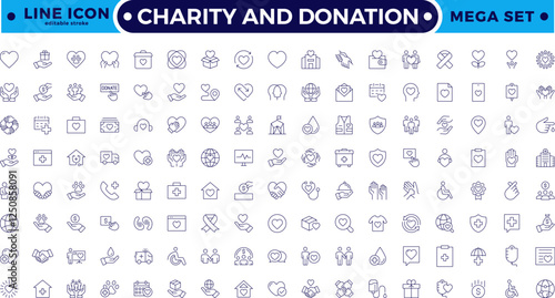 charity and donation icon set. Charity and Volunteering thin line style of philanthropic icons: almsgiving, helping those in need, donation, contribution, humanism, altruism. Editable stroke outline 
