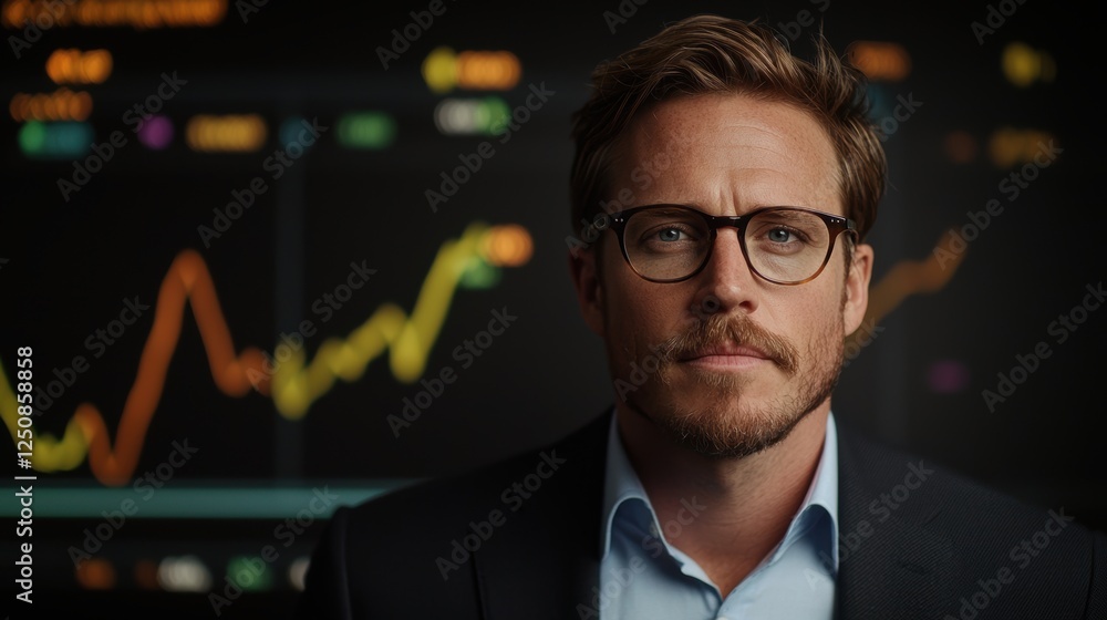 Business professional with glasses stands confidently against a backdrop of financial graphs, symbolizing expertise in investment or finance, Ideal for articles, presentations, or marketing materials Business professional with glasses stands confidently against a backdrop of financial graphs, symbolizing expertise in investment or finance, Ideal for articles, presentations, or marketing materials
