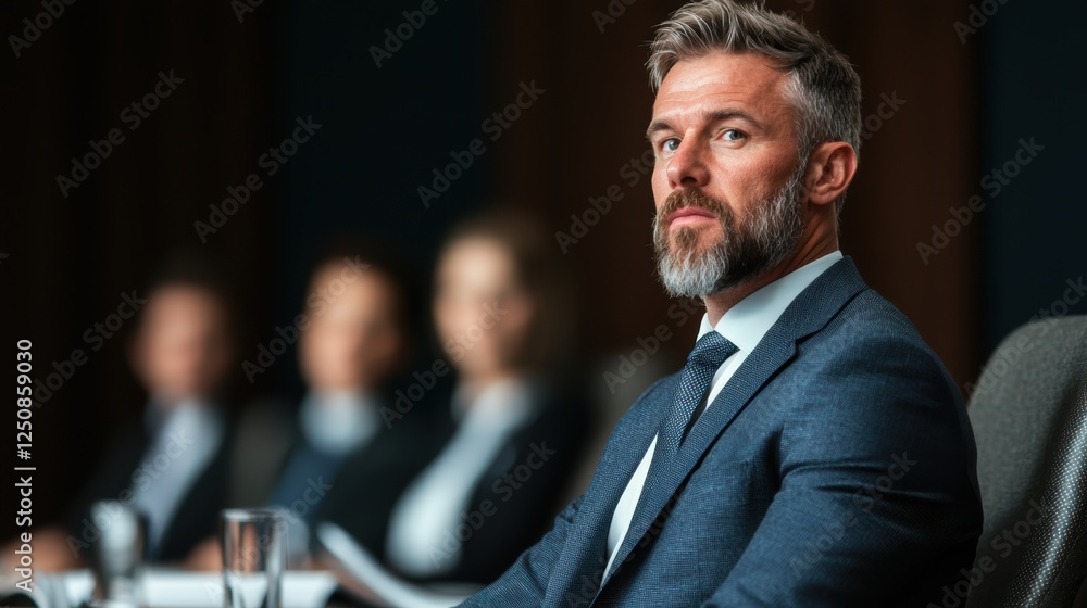 A focused businessman in a suit sits in a boardroom, exuding confidence as more blurred colleagues appear in the background, Suitable for corporate, leadership, and business-related topics, A focused businessman in a suit sits in a boardroom, exuding confidence as more blurred colleagues appear in the background, Suitable for corporate, leadership, and business-related topics,