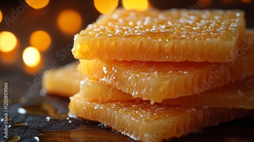 Honeycomb slices, dark wood, bokeh lights, food photography photo