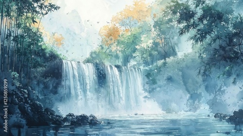Serene waterfall scene tranquil forest digital art nature aerial view peaceful retreat for mindfulness