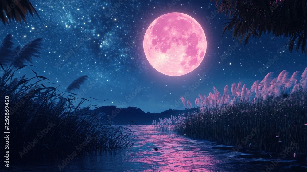 Naklejka premium Full moon and Japanese pampas grass in midnight,The harvest Miscanthus sinensis and full moon,beautiful night sky in the countryside with the perfect moon exudes beauty in the dark.