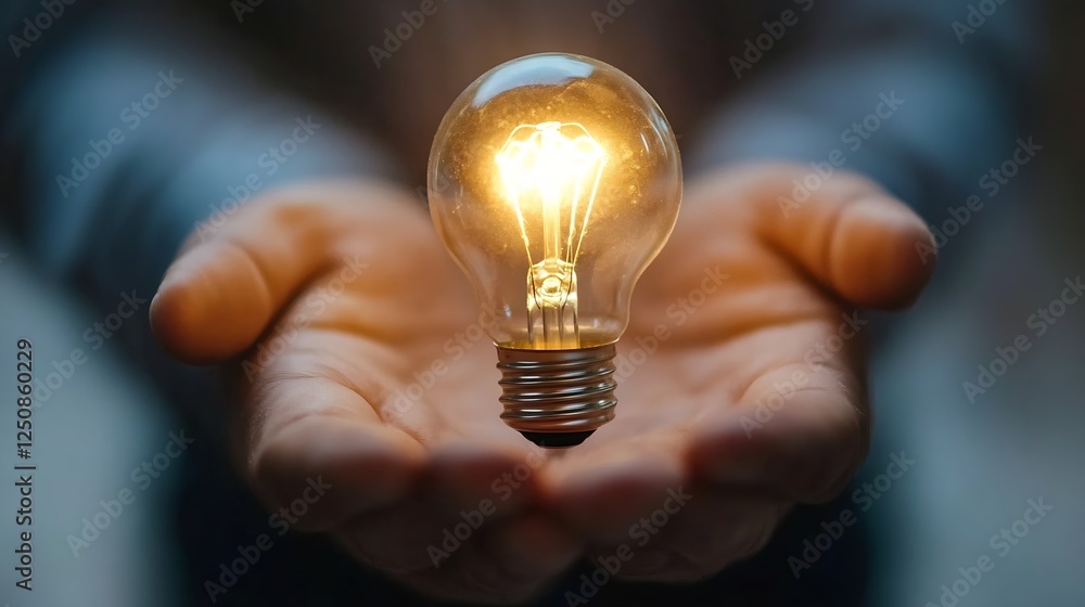 Closeup image of a glowing light bulb held in hands symbolizing innovation and ideas : Generative AI Closeup image of a glowing light bulb held in hands symbolizing innovation and ideas : Generative AI