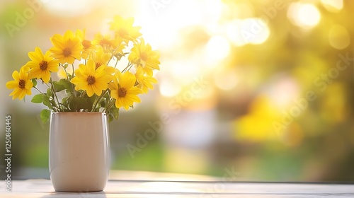 Cheerful bouquet of bright yellow flowers in a vase under soft natural light : Generative AI