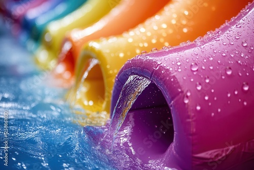 Colorful pool slide with cascading water floats. photo