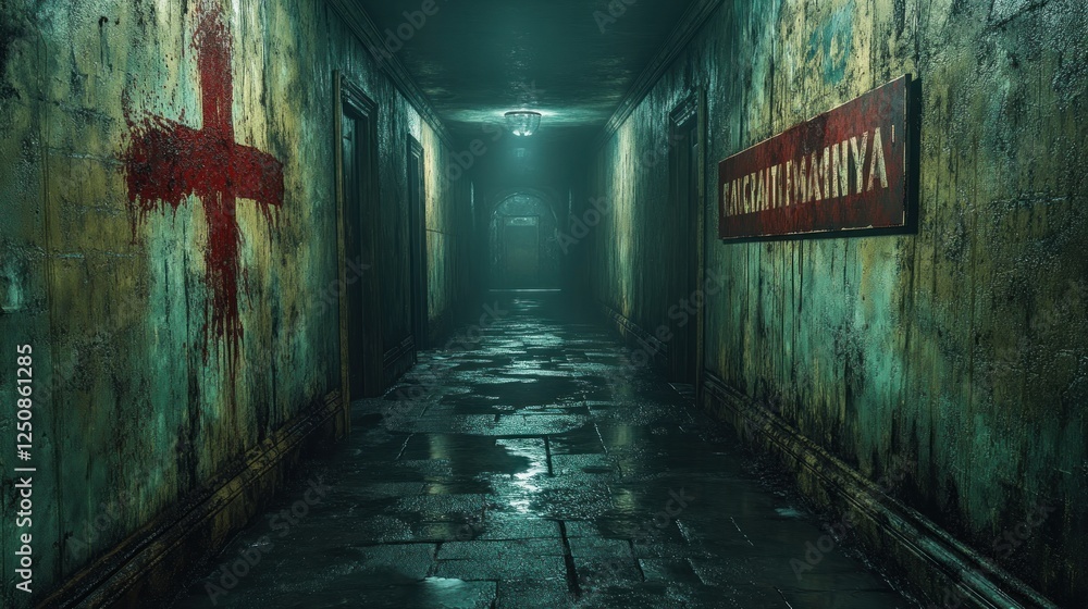 Spooky hospital corridor, dark, wet floor, eerie atmosphere, horror game asset Spooky hospital corridor, dark, wet floor, eerie atmosphere, horror game asset