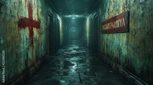 Spooky hospital corridor  dark  wet floor  eerie atmosphere  horror game asset