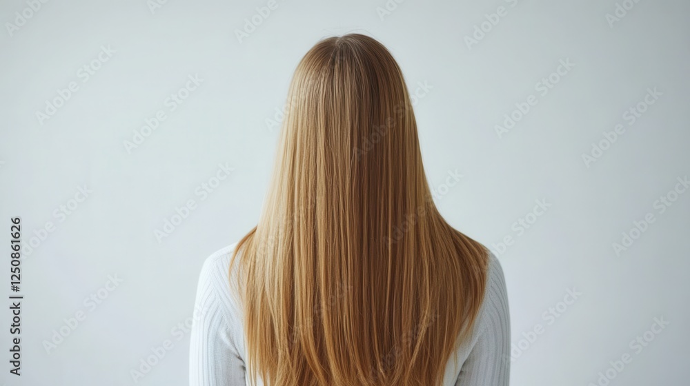 Naklejka premium Beautiful model girl with Blond hair strand,silky healthy wavy hair strand,hair wavy ribbon, with smooth,Keratin straightening,Treatment,straight long hair,procedures,Smooth hairstyle.