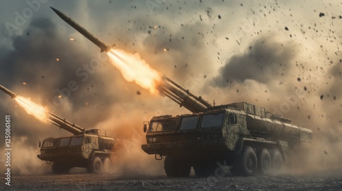 Military battalion defense system launching missiles, wide poster. photo