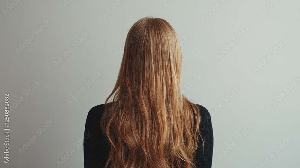 Naklejka premium Beautiful model girl with Blond hair strand,silky healthy wavy hair strand,hair wavy ribbon, with smooth,Keratin straightening,Treatment,straight long hair,procedures,Smooth hairstyle.
