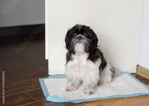 Puppy peeing on a diaper. Toilet training a puppy. Shih Tzu puppy..