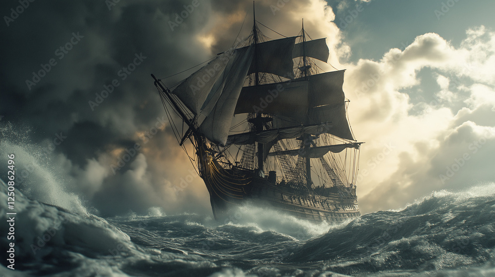 Obraz premium Majestic Sailing Ship Braving Stormy Seas
