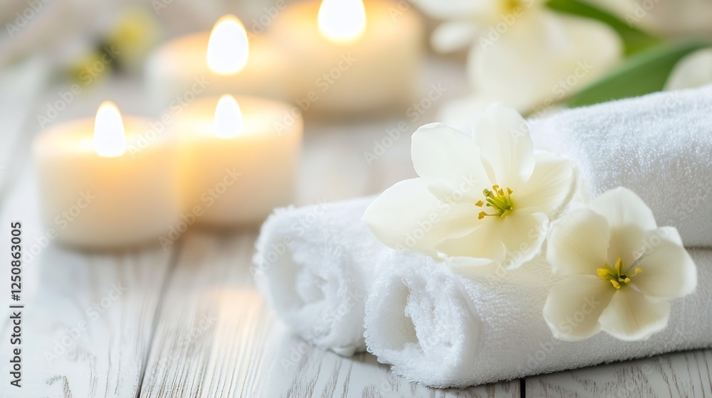 Relaxing Spa Scene with White Towels and Beautiful Flowers Surrounded by Soft Candlelight : Generative AI Relaxing Spa Scene with White Towels and Beautiful Flowers Surrounded by Soft Candlelight : Generative AI
