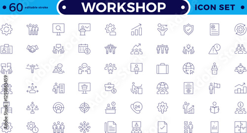 Workshop icon set. Containing team building, collaboration, teamwork, coaching, problem-solving and education icons. Set of line icons related to training, mentoring. Editable stroke outline icon.