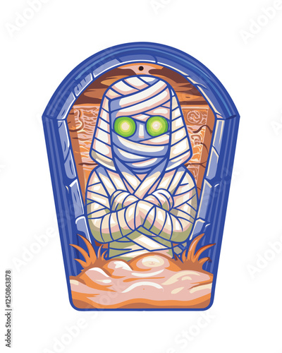 A terrifying mummy monster, its decaying flesh exposed beneath glowing green bandages, rises menacingly.  One visible eye glows ominously.