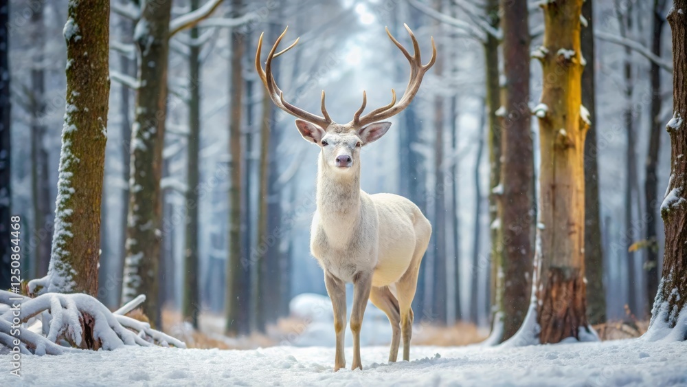 Majestic albino deer standing in a snowy forest nature photography winter wonderland serene environment captivating concept Majestic albino deer standing in a snowy forest nature photography winter wonderland serene environment captivating concept