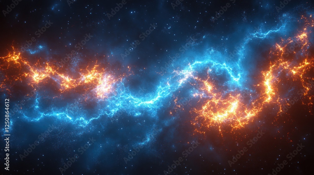 Fototapeta premium Abstract cosmic energy streams of blue and orange light swirling in dark space.