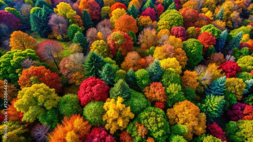 Fototapeta premium Golden rain tree's autumn canopy, a vibrant overhead aerial view showcasing nature's breathtaking artistry.
