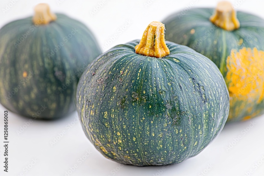 A collection of three pumpkins in different shades of green and yellow, arranged on a white surface A collection of three pumpkins in different shades of green and yellow, arranged on a white surface