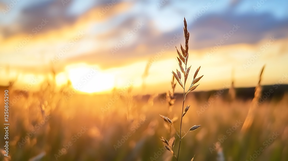 Fototapeta premium Golden sunset illuminating a field of tall grass showcasing the beauty of nature and tranquility : Generative AI