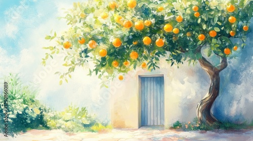 A vibrant scene featuring an orange tree laden with fruit beside a rustic door, set against a bright, soft background.