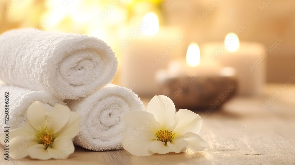 Luxurious spa ambiance with rolled towels and fresh flowers delicately arranged for relaxation : Generative AI Luxurious spa ambiance with rolled towels and fresh flowers delicately arranged for relaxation : Generative AI