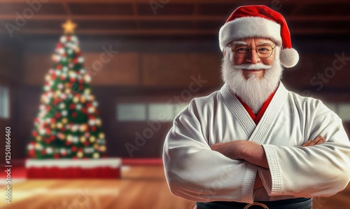 Santa Claus in Martial Arts Gi with Christmas Tree photo