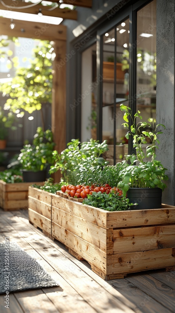 Naklejka premium Grow Herbs & Tomatoes in Wooden Planters