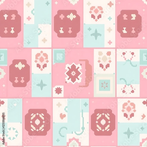 Pastel Patchwork Pattern: A seamless pattern featuring a charming patchwork design in soft pastel hues of pink, mint green, and cream.