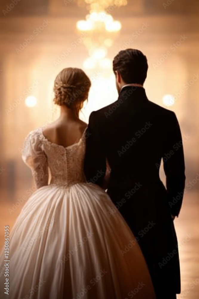 A couple stands together in elegant attire, gazing towards a softly lit background, capturing a romantic moment in a timeless setting.