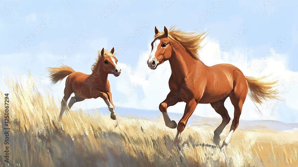 Obraz premium Mare, foal, running, field, summer, sky, clouds, pastoral