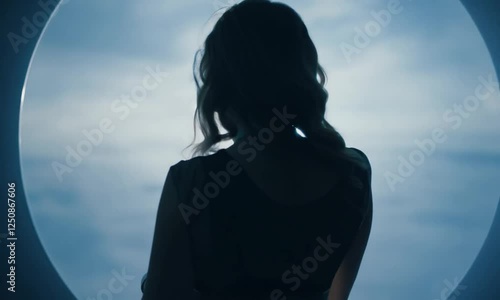A silhouette of a woman standing in front of a large, circular window. The window reveals a cloudy sky, and the woman is looking out at the view.