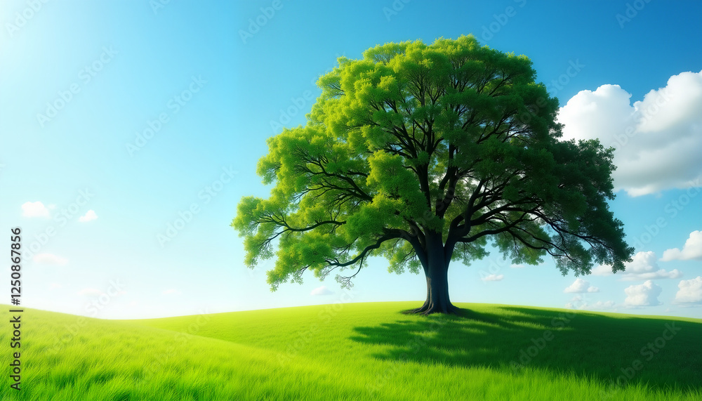 Obraz premium Majestic Oak Tree on a Green Hill Under a Clear Sky