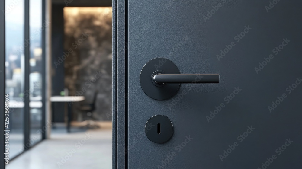 A modern door handle on a gray minimalist door, highlighting functionality and design against a subtle office background. A modern door handle on a gray minimalist door, highlighting functionality and design against a subtle office background.