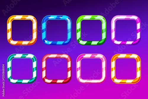 Square caramel candies frames. Cartoon vector illustration set of glossy game ui design buttons or slot machine match elements. Cute sweet lollipop or jelly confectionery.