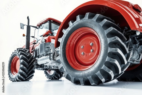 A bright red tractor with oversized tires on a clean and plain white surface, perfect for agricultural or construction themed designs photo