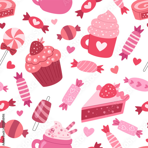 Valentine seamless pattern of sweets, cupcakes, pies, candies and drinks. Love romantic sweet food pattern.