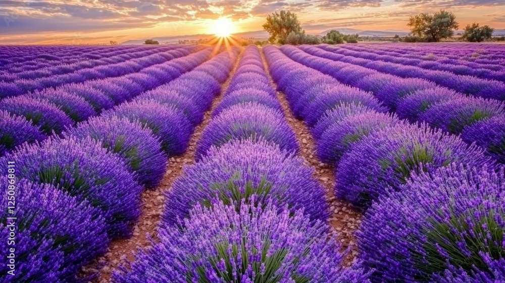 Obraz premium Beautiful Lavender Fields Under Sunset Sky in Rural Landscape