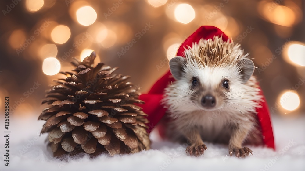 Adorable hedgehog in festive red attire holding pine cones against a blurred background of lights.
Adorable hedgehog in festive red attire holding pine cones against a blurred background of lights.