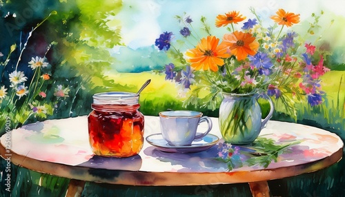 cup of tea, honey jars  and flowers in vase