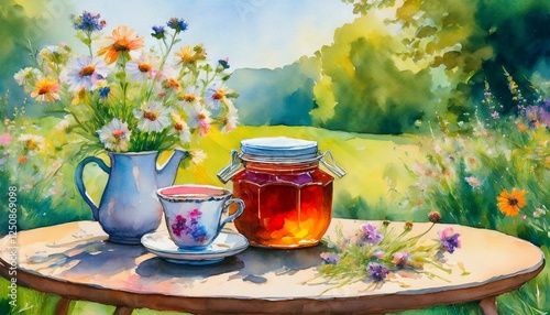 cup of tea, honey jars  and flowers in vase