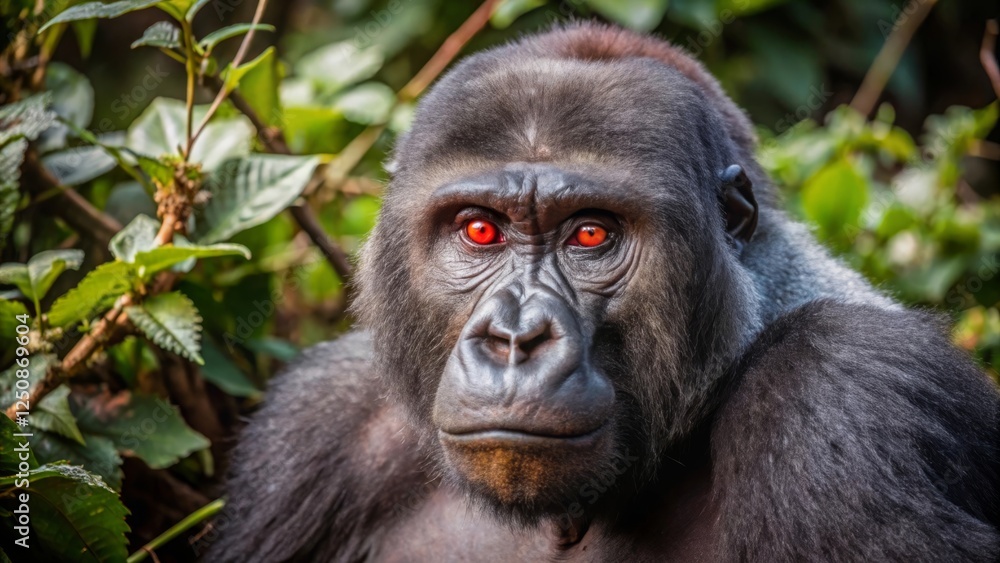Serene closeup of an albino gorilla with red eyes in lush greenery animal portrait dense rainforest peaceful environment macro perspective Serene closeup of an albino gorilla with red eyes in lush greenery animal portrait dense rainforest peaceful environment macro perspective