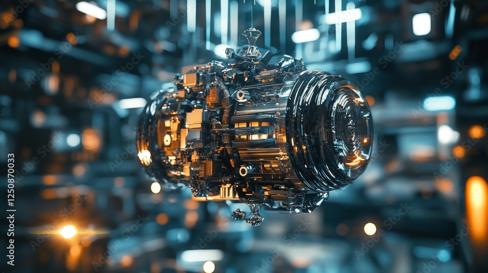 Futuristic Transparent Engine Amidst Glowing Mechanical Environment Futuristic Transparent Engine Amidst Glowing Mechanical Environment