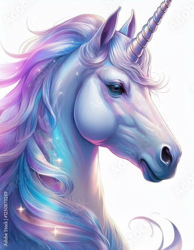 holographic rainbow unicorn portrait on white background