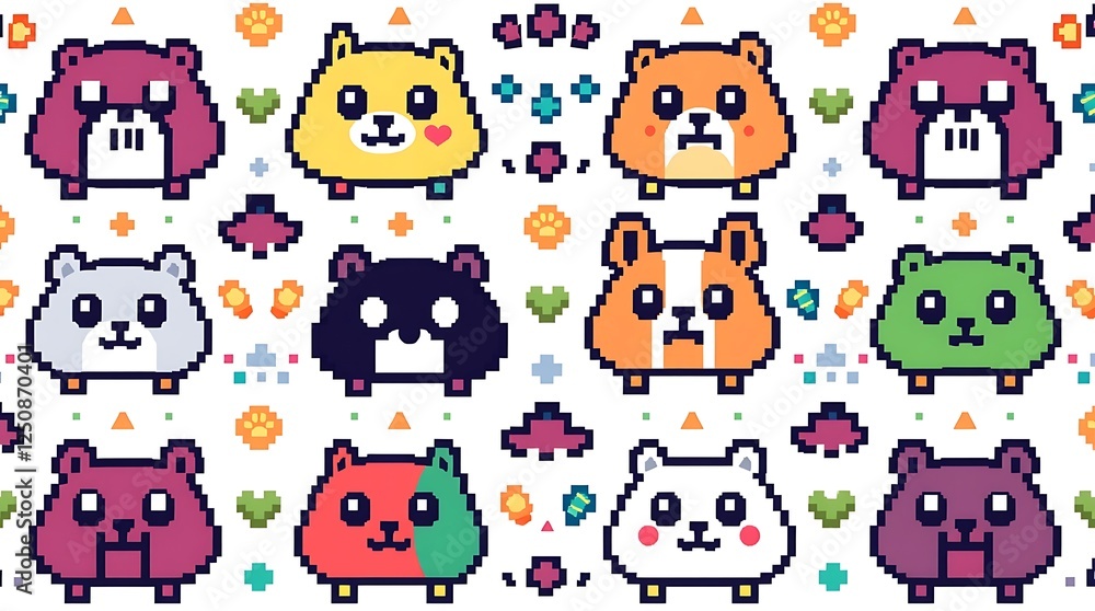 Obraz premium Pixelated Bear Friends: Adorable pixel art illustration featuring a colorful array of cute bear characters, perfect for social media, gaming, and fun designs.