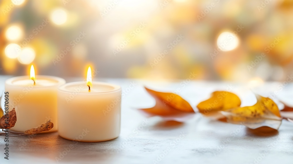 Relaxing scene with two lit candles on a cozy surface surrounded by autumn leaves and a warm atmosphere : Generative AI Relaxing scene with two lit candles on a cozy surface surrounded by autumn leaves and a warm atmosphere : Generative AI