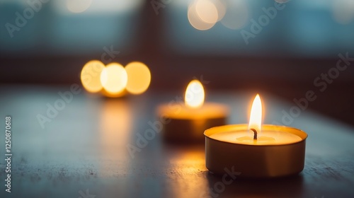 Tranquil scene of flickering candles on a wooden table creating a warm and cozy atmosphere : Generative AI photo