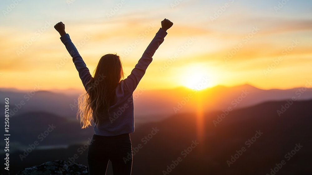 Joyful woman celebrating victory with raised arms during beautiful sunset view atop mountain : Generative AI Joyful woman celebrating victory with raised arms during beautiful sunset view atop mountain : Generative AI