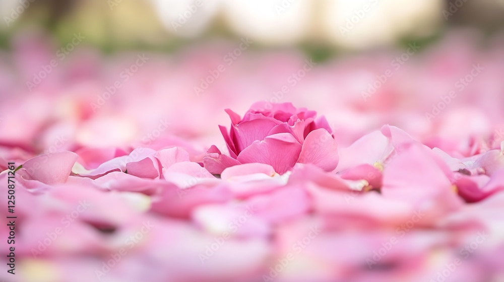 Obraz premium Close up of a single pink rose standing out among scattered rose petals creating a romantic and picturesque scene : Generative AI